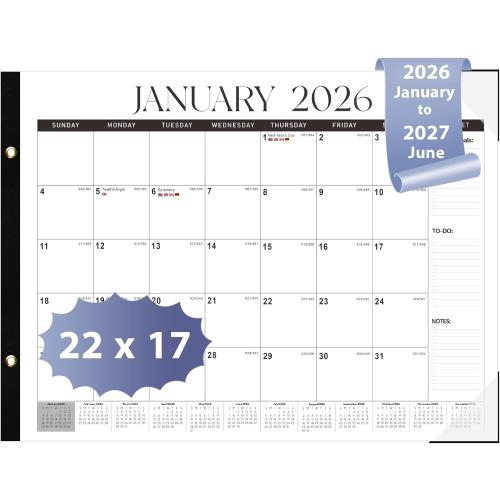 2026 Desk Calendar, Large Desk Calendar 22 x 17 (Jan 2026 - Jun 2027) Monthly Desktop Wall Planner for Family Teacher School Office Supplies, Black-White