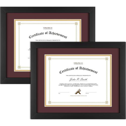 Golden State Art, 11x14 Diploma Wood Frame for 8.5x11 Document & Certificates, Real Glass, Double Mat (Dark Red/Gold Mat, 2 Pack)