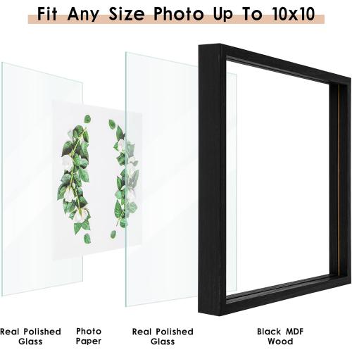 MUYE 10x10 Floating Frames Set of 2,Double Glass Picture Frame Display Any Size Photo up to 10x10,Wall Mount or Tabletop Standing,Black