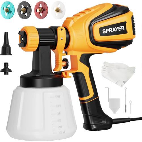 Black and Yellow Paint-Sprayer-700W HVLP Spray Gun, Easy to Clean, with 4 Copper Nozzles & 3 Spray Patterns,Ideal Paint Sprayer for Furniture, Cabinets, Fences, Decks, Walls, DIY Projects, etc. PB009-Y
