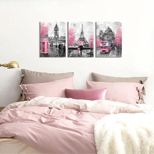 CANVASZON Pink and Gray Paris Wall Art Paris Decor for Bedroom Bathroom Girls Room Wall Decor Paris Pictures Rustic Black and White Print Art for Walls 3 Pieces Ready to Hang