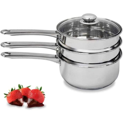 Double Boiler & Steam Pots for Chocolate and Fondue Melting Pot, Candle Making, Stainless Steel Steamer with Tempered Glass Lid for Clear View while Cooking, Dishwasher (3 Qts & 4 Pieces)