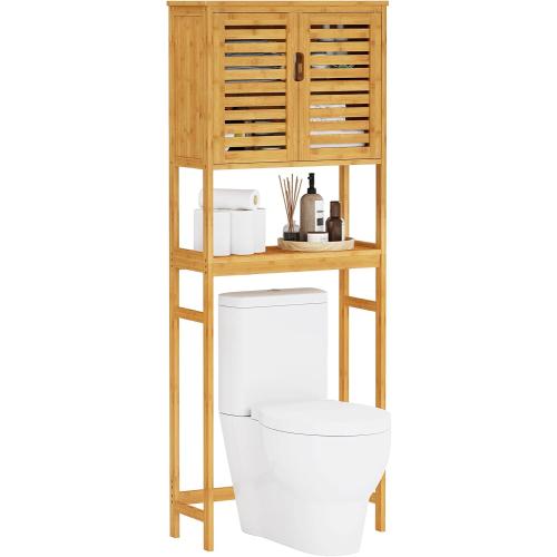 VIAGDO Over The Toilet Storage Cabinet, Tall Bathroom Cabinet Organizer with Cupboard and Adjustable Shelves, Freestanding Toilet Shelf Space Saver Rack Stand for Laundry Room, Balcony, Bamboo