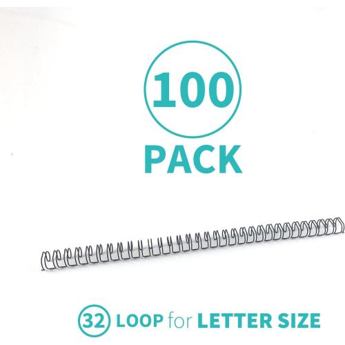 Binditek 100 Pack Double Loop Wire Binding Spines, 1/2Inch Binding Wire for Letter Size, 3:1 Pitch, 100 Sheet Capacity, 32-Loop, Black, for Students and Coworkers