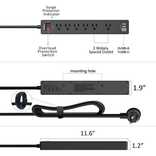 10 Ft Power Strip Surge Protector - Yintar Extension Cord with 6 AC Outlets and 3 USB Ports for Home, Office, Dorm Essentials, 1680 Joules, ETL Listed, Black