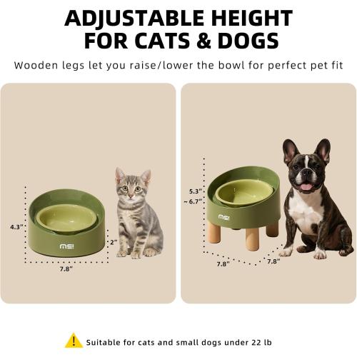MS!MAKE SURE Cat Bowls, Adjustable Elevated Ceramic Cat Bowls with Anti-Slip Rubber Pad, Splash Guard, Lead & Cadmium Free, Whisker Friendly, for Puppies & Cats - 5.1 Wide, 295ML (10 oz), Green