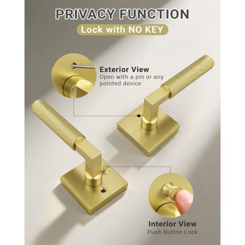 KNOBWELL 1 Pack Gold Door Handle Square Doorknob with Lever Interior Door Lever for Bed and Bath (Push Button)