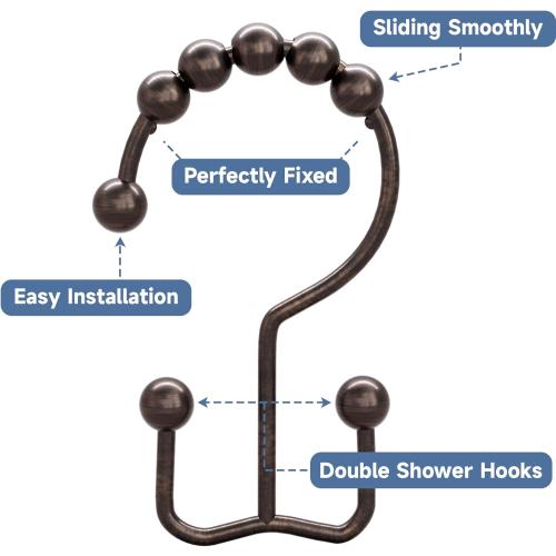 Titanker Shower Curtain Hooks Rings, Rust-Resistant Metal Double Glide Shower Hooks for Bathroom Shower Rods Curtains, Set of 12 Hooks - Bronze