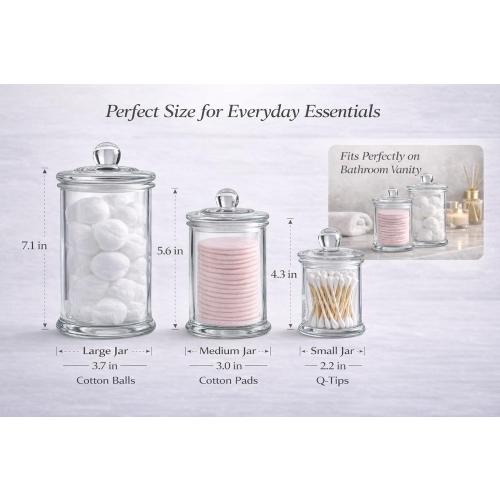KMWARES 3PCs Set Small Mini Clear Glass Premium Quality Apothecary Jars/Bathroom Storage/Vanity Organizer Canisters for Cotton Balls/Swabs, Makeup Sponges, Bath Salts, Q-Tips (3Jar)