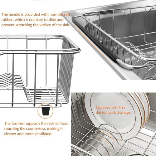 NiuYichee Stainless Steel Dish Drying Rack(15L X 11W X 4.1H), Expandable Fruit & Vegetable Drain Rack over Sink, Dish Drainer Rack in Sink, with Stainless Steel Utensil Holder & Silicone Mat(16)