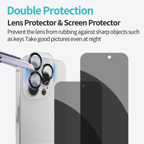 PEHAEL 2 2 Pack for iPhone 15 Pro Max Privacy Screen Protector with Camera Lens Protector Full Coverage Anti-Spy Tempered Glass Film 9H Hardness Easy Installation Bubble Free [6.7 inch]