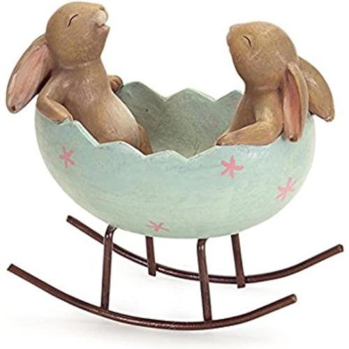 Laughing Bunny Rabbits Rocking in an Easter Egg Cradle Spring Easter Decoration Vintage Rustic Country Bunnies Rabbit Figurine Statue (Bunnies in a Cradle)