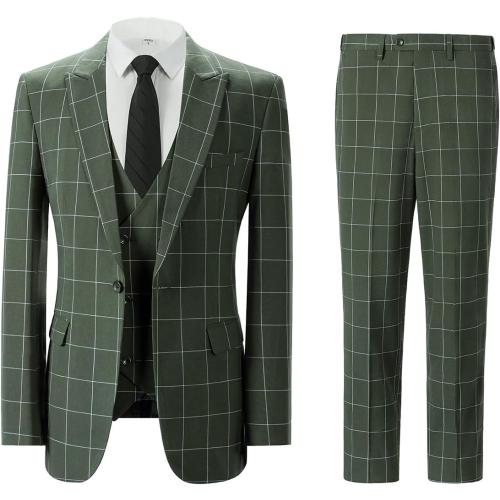 Size XXL color green Men's Slim Fit 3 Piece Plaid Suit Set,Business Formal Attire Solid Blazer Jacket Vest Pants