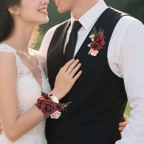 2Pcs Wedding Corsage and Boutonniere Set Burgundy Rose Corsage Wristlet and Boutonniere for Men Women Groom Bride Bridesmaid Groomsmen Wedding Party Accessory Prom Decoration (Burgundy)