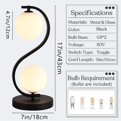 Modern Black S-Shaped Table Lamp 2-Lights Globe Glass Desk Lamp Plug in Metal 3 Color Temperatures Bedside Light Fixtures for Bedroom Living Room Office Study Corner