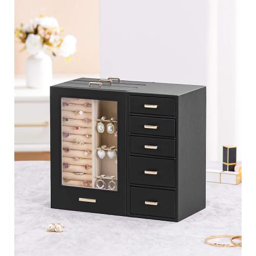 Homde Large Jewelry Box/Organizer/Case with Glass Window, Drawers for Necklaces Earrings Rings Bracelets Watches Gift for Women Girls