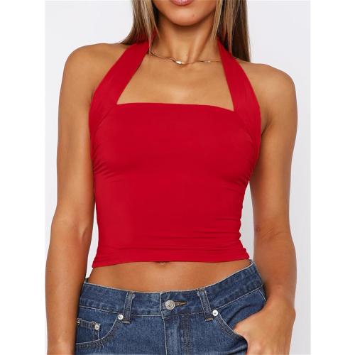 Red Size Small ForeFair Women Halter Neck Backless Crop Top Sexy Y2K Sleeveless Tank Top Open Back Slim Fit Tops