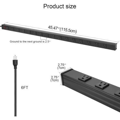 Long Heavy Duty 16 Outlet Large Metal Garage Workshop Multi Wide Industrial Power Strip. 6FT Cord 15A, 125V, 1875W (Black)