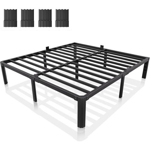 King Metal Bed Frame 14 Inch, Heavy Duty Platform, No Box Spring Needed | Headboard compatible, round corners, under-bed storage, mattress retainers, squeak-resistant, easy assembly