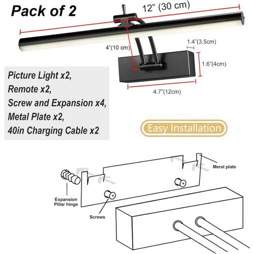 Yuichoy 2 Pack Picture Lights for Wall Battery Operated, 12 inch Wireless Art Lighting for Painting, 6 Colors Picture Frame Lights with Remote, Dimmable 4200mAh Gallery Light, Black