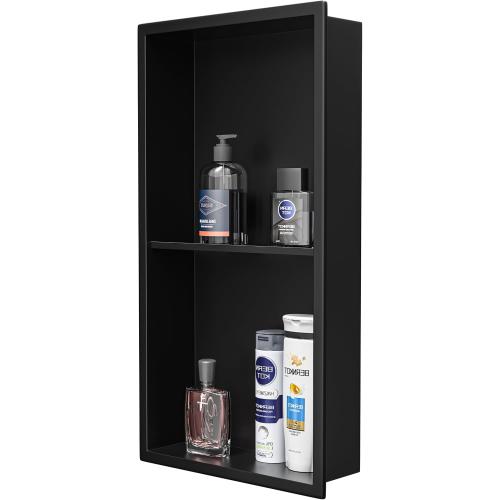 Stainless Steel Shower Niche Matte Black 24 X 12 W/ 2-Tier Shelf | Recessed shower niche no tile needed,space-saving,vertical niche, built in bathroom niche shower for shampoo & soap storage