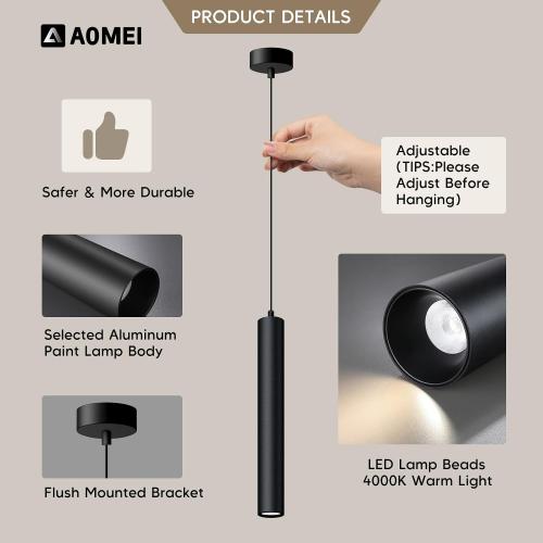 Color Black Black Natural Light Spectrum LED Pendant Lights with Height Adjustable, 3000K Minimalist Modern Cylinder 5W Mini Long Tube Hanging Lamp