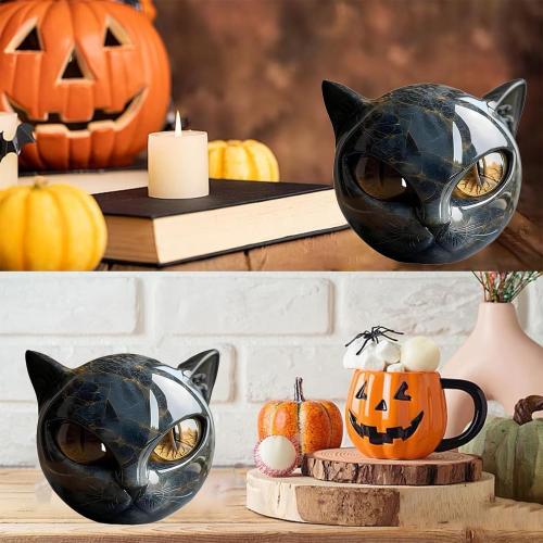Black Cat Stone Sculpture,Figurine Handcrafted Look Resin Statue,with Amber Eyes, Elegant Shelf Decor for Home or Office (Yellow)