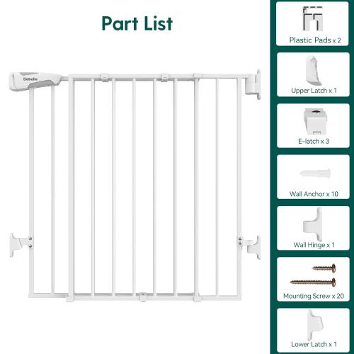 Babelio Baby Gate for Stairs, Kitchen & Doorways, 26-43 W 28 H No Bottom Bar| Easy Installation| One-Handed Operation| Auto-Close| Hardware Mount (Drill Needed) Safety Dog/Pet Gate Indoor (White)