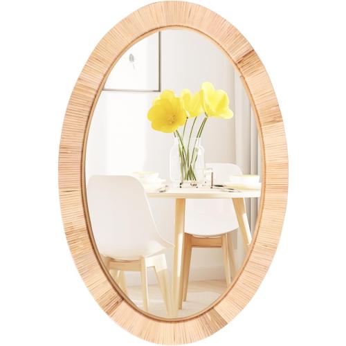 Rattan Mirror,Oval Boho Bathroom Mirror for Wall,20x30 Wicker Vanity Mirror for Nursery Décor,Coastal Farmhouse Wood Mirror for Bedroom Entryway Living Room