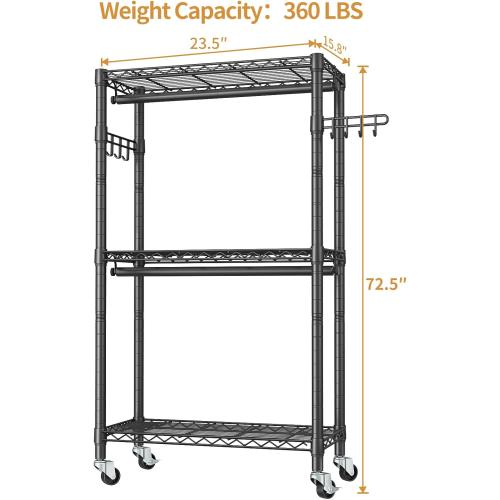 Heavy Duty Clothes Rack Rolling Garment Rack,3 Tier Adjustable Wire Shelving Clothing Racks for Hanging Clothes with Double Rods&Side Hooks,Freestanding Wardrobe Storage Rack Metal Portable Closet