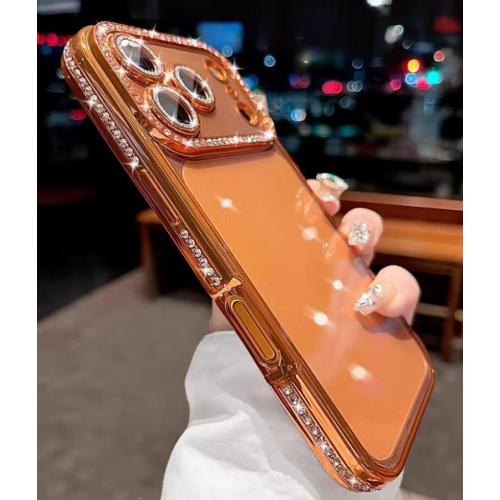 for iPhone 17 Pro Max Case Clear Glitter, Orange, Cute Luxury 3D Sparkly Bling Diamond Rhinestone Camera Lens Protector Soft Plating TPU Bumper Transparent Women Girls Phone Case for iPhone 17 Pro Max