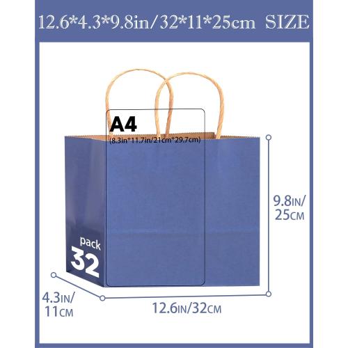 qiqee 100PCS Large Gift Bag with Handles Bulk 13x4.5x10 Gift Bags Kraft Deep Blue Multiple Uses (32x11x25cm,Wide Large)