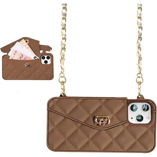 UnnFiko Wallet Case Compatible with iPhone 15 Pro Max, Cute Light Luxury Bag Design, Purse Flip Card Pouch Cover Soft Silicone Case with Handstrap Long Shoulder Strap (Brown, iPhone 15 Pro Max)