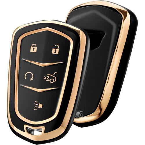 ELOHEI Key Fob Cover for Cadillac, Key Fob Case for 2015-2019 Cadillac Escalade CTS SRX XT5 ATS STS CT6 5-Buttons Premium Soft TPU 361 Degree Full Protection (Gold Edge Black)