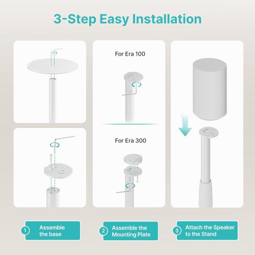 PEGZONE Speaker Stands Pair Compatible with Sonos Era 100 and Era 300, Height-Adjustable from 26.9-42, Cable Management, 11lbs Capacity, White