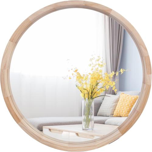 WOODEN CONGUILIAO Round Mirror, 30 Inches Wood Mirror, Wall Decorative Circle, Nature Big Bathroom Large Vanity Farmhouse for Living Room Bedroom Entryway