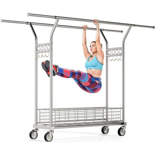 Heavy Duty Clothes Rack - Double Rod Clothing Racks for Hanging Clothes, Portable & Adjustable Garment Rack with Wheels, Rolling Clothes Rack Load 670LBS for Bedrooms, Laundry, Closet (Sliver)