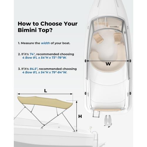 KEMIMOTO Bimini Top for Boat, Bimini Tops Cover 600D Marine Grade Canvas Boat Canopy with 6ft Length 54 in - 96 in Width 46 in Height, Includes Mounting Hardware, Straps Rear Support Poles