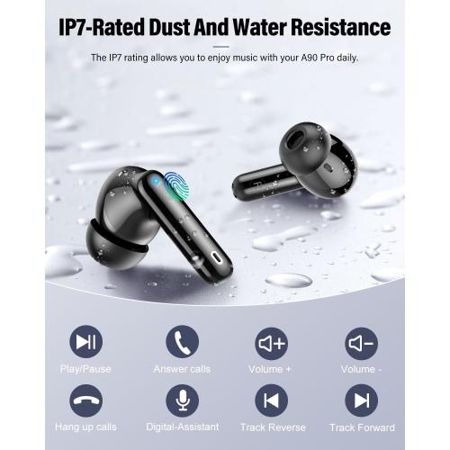 Wireless Earbuds, Bluetooth 5.4 Headphones Bass Stereo, Ear Buds with Noise Cancelling Mic, LED Display in Ear Earphones Clear Calls, IP7 Waterproof Bluetooth Earbuds for Phones/Sports/Laptop, Black