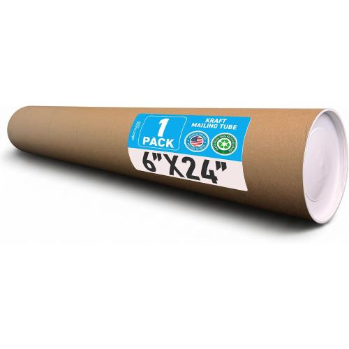 MagicWater Supply 6x24 Inch Kraft Mailing Tubes with End Caps, Heavy Duty Round Shipping Tubes for Large Posters, Blueprints, Art, Crafts and Documents - Durable, Recyclable - 1 Pack, Made in the USA