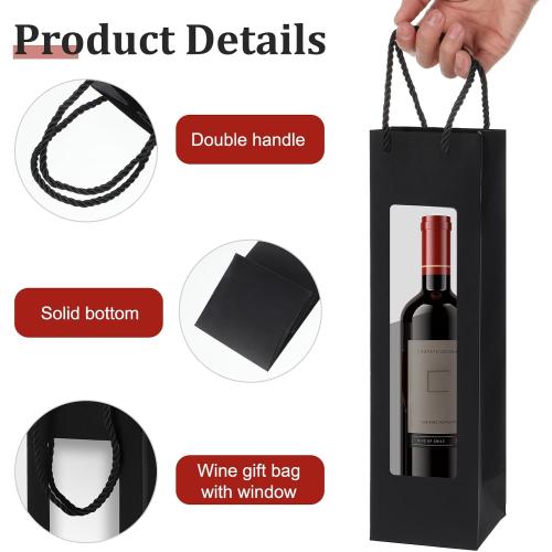 mekueeex 36 Pcs Single Wine Bottle Gift Bag, Clear Window Wine Bags for Wedding Reusable Flower Boxes Bulk with Handles for Holiday Birthday(Black)