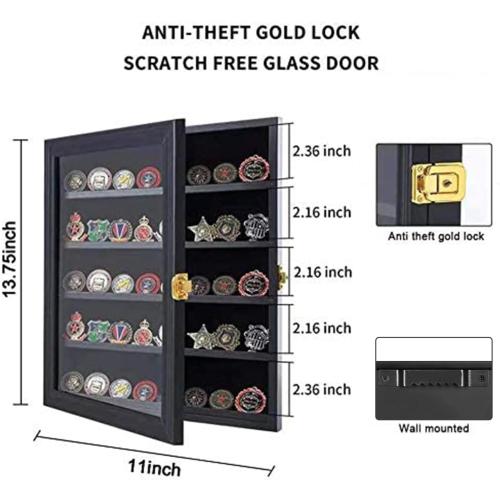 Jinchuan Military Challenge Coin Display Case Lockable Cabinet Rack Holder Shadow Box with Removable 2 Grooves Shelves and Anti Dust Door for Casino Poker Chips Collectibles, Small - Black