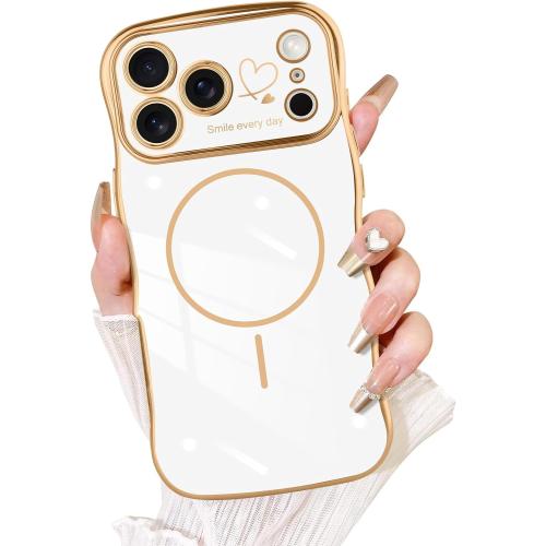 Fiyart Designed for iPhone 17 Pro Max Case 2025, Cute Wave Frame Curly Shape Love Hearts Plating for Women Girls Camera Protection Compatible with MagSafe Magnetic Shockproof Bumper 6.9-White
