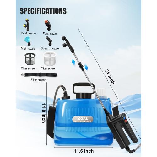 Battery Powered Sprayer 2 Gallon, Electric Weed Sprayer with 3 Adjustable Pressure Levels, 4 Nozzles & Extendable Wand, Rechargeable Garden Sprayer for Yard, Lawn, Plants & Fertilizer