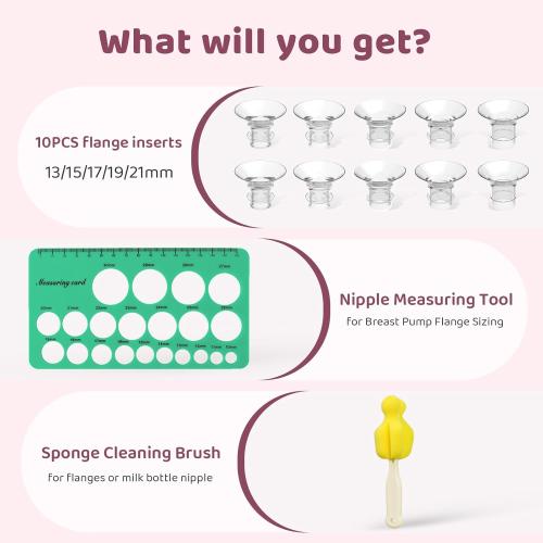 Flange Sizing Kit 3 in 1 with 10PCS Flange Inserts 13/15/17/19/21mm, Silicone Breast Pump Flanges Insert Kit for 24mm Electric Breast Pump, Pumping Breastfeeding Essentials Kit for New Mom