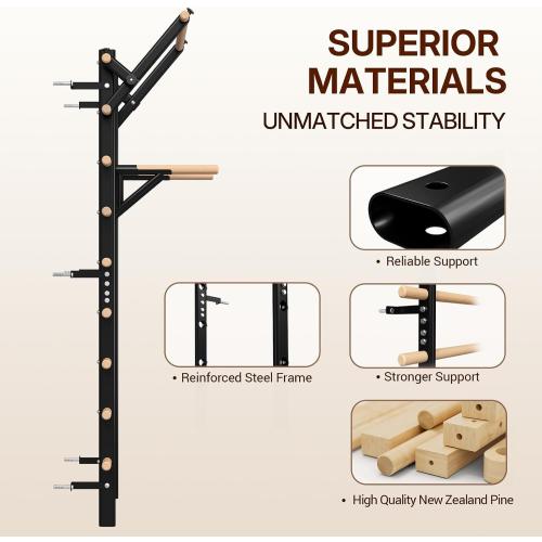 GMWD Swedish Ladder, Stall Bar, Suspension Trainer with Pull-Up Bar and Dip Bar Attachments, Wooden Stall Bar with 9 Strategic Rods for Core Strengthening and Stretching Balanced for Body Exercises
