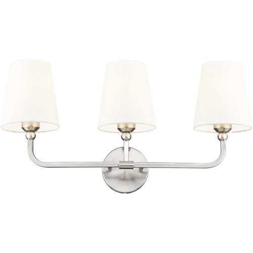 Bathroom Light Fixtures, Brushed Nickel Vanity Lights with Flared White Fabric Shade, 3 Light Wall Sconce, Modern Sconces Wall Lighting for Hallway Bedroom, VL837-BN-3