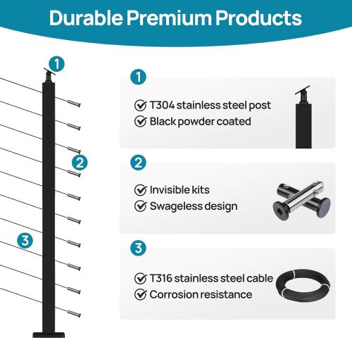 Size 36 Complete Set 10-15FT Stair Cable Railing System Black Stainless Steel Stair Railing Post Kit with Adjustable Top for 25-35 Degrees No Handrail for Indoor Outdoor Deck Stairway DIY HU02