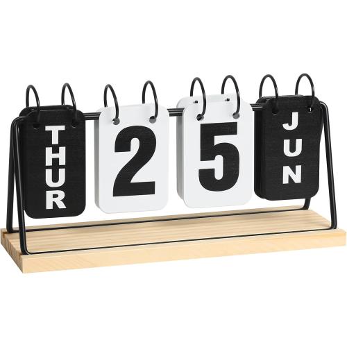 Metal Desk Calendar Standing Flip with Wooden Base, Daily Perpetual Flip Calendar with Large Display, Modern Farmhouse Desktop Calendar for Home Office Decor, Reusable and Foldable