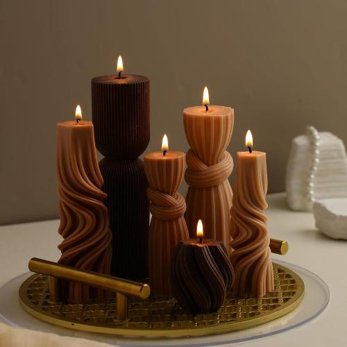 6 Pcs Pillar Candles Decorative Modern Aesthetic Ribbed Candle Set Cute Soy Wax Scented Ribbed Decor Valentine's Commemorative Gift for Home Decoration(Brown,2.36-6.89 Inch)